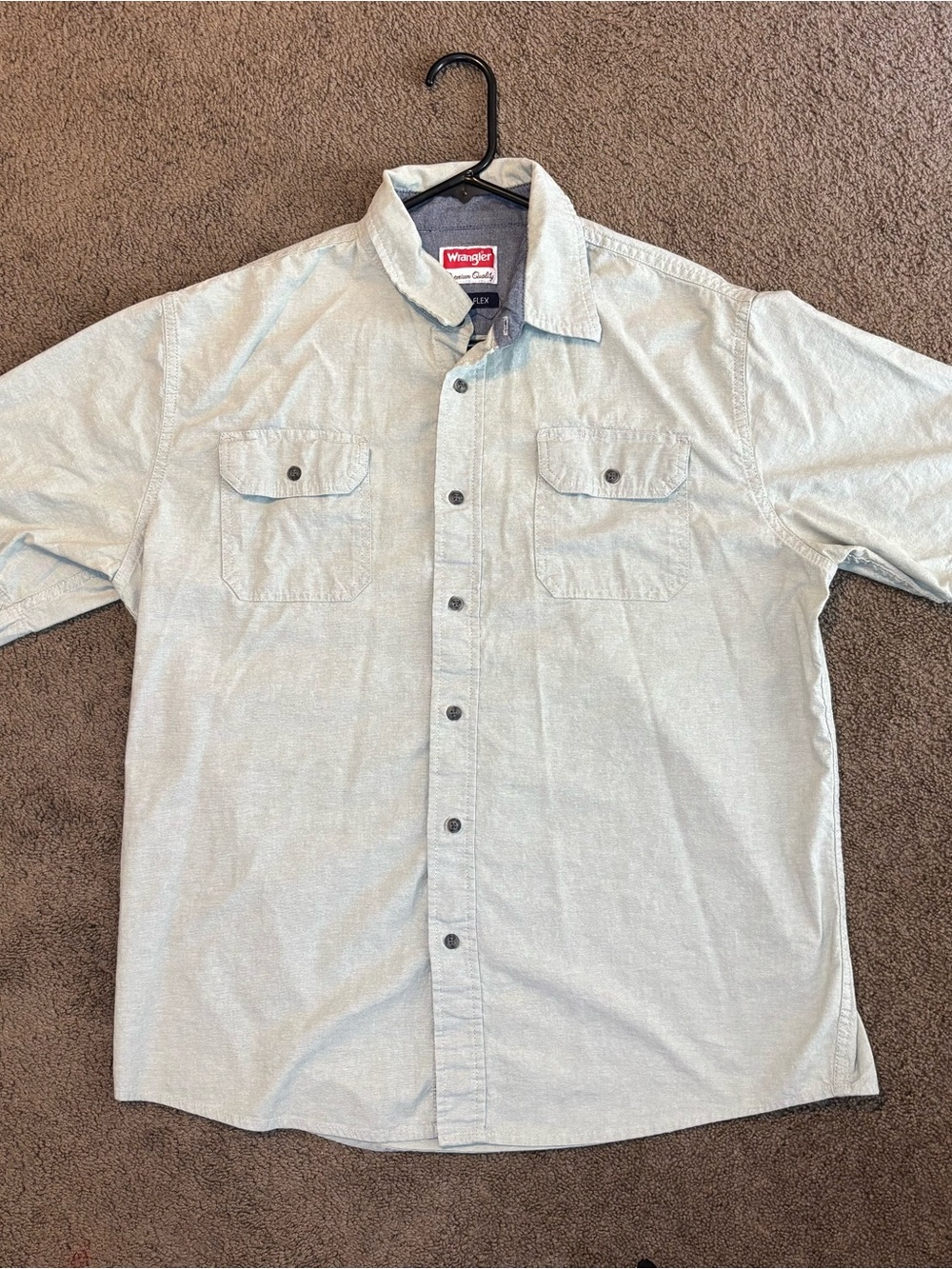 Wrangler Comfort Flex Men’s Large Gray Short Sleeve Button Up Shirt Cotton Stret